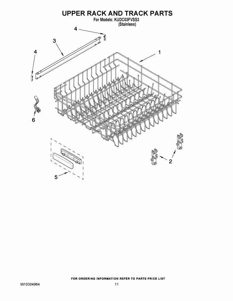 UPPER RACK AND TRACK PARTS Diagram and Parts List for KUDC03FVSS3  KitchenAid Dishwasher