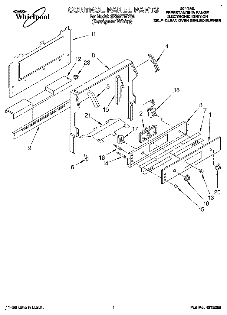CONTROL PANEL Diagram and Parts List for SF367PEYQ4  Whirlpool Range