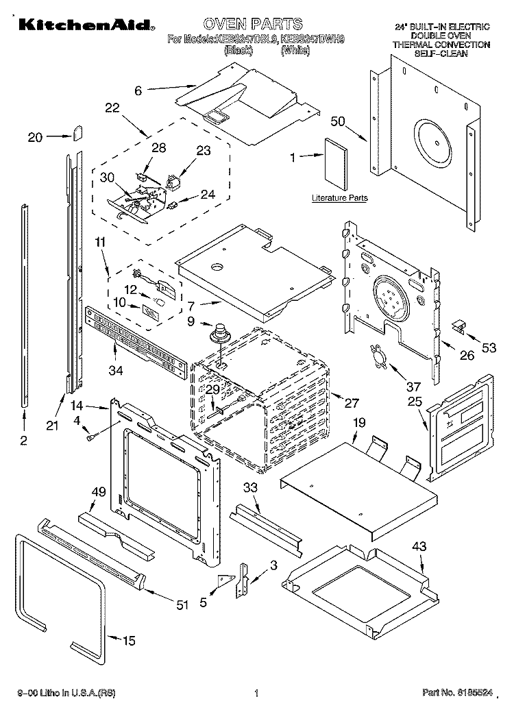 OVEN, LITERATURE Diagram and Parts List for KEBS247DBL9  KitchenAid Wall Oven