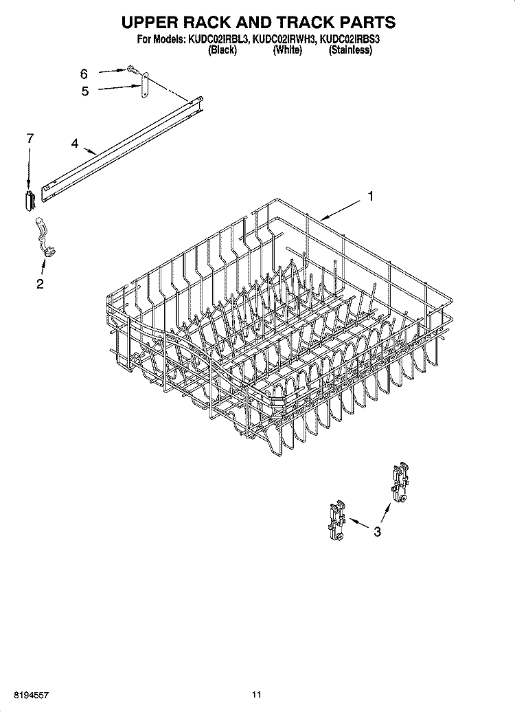 UPPER RACK AND TRACK PARTS Diagram and Parts List for KUDC02IRBS3  KitchenAid Dishwasher