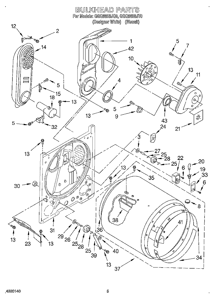 BULKHEAD Diagram and Parts List for GGQ9858JQ0  Whirlpool Dryer