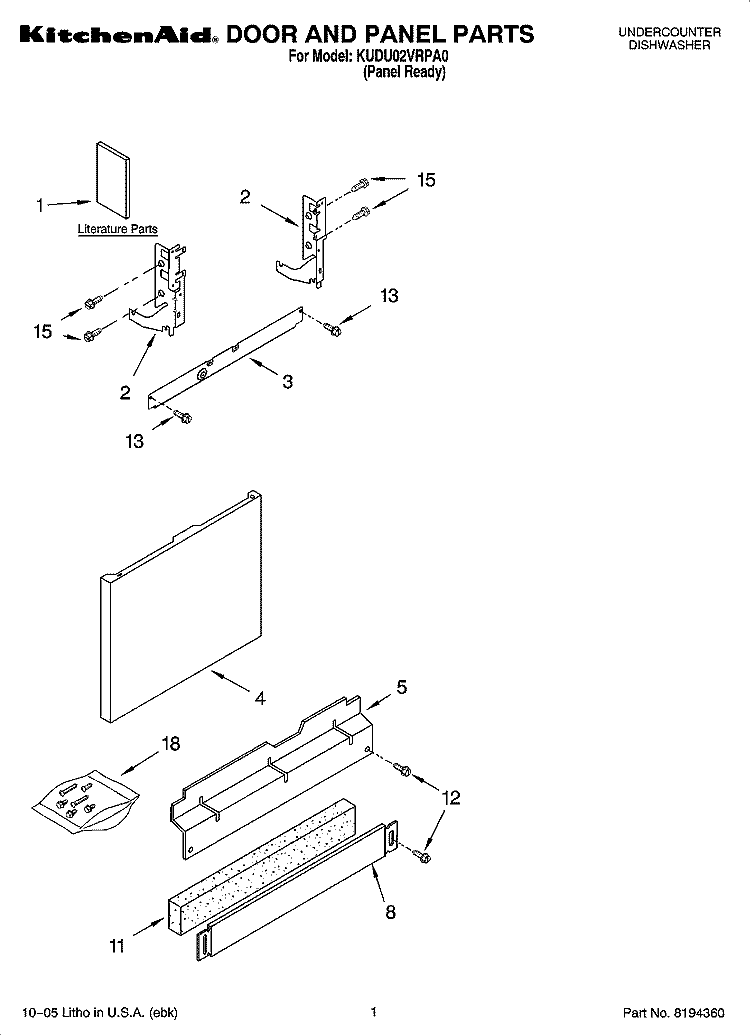 DOOR AND PANEL PARTS Diagram and Parts List for KUDU02VRPA0  KitchenAid Dishwasher