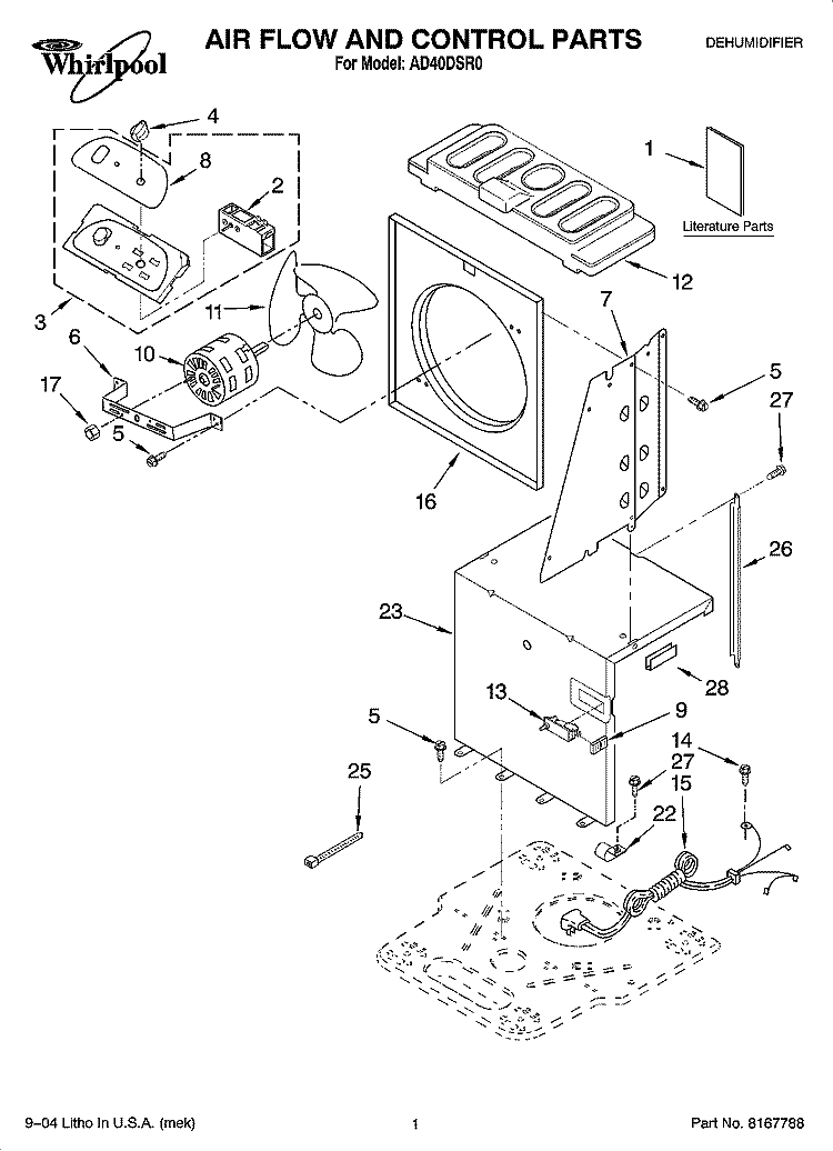 AIR FLOW AND CONTROL PARTS Diagram and Parts List for AD40DSR0  Whirlpool Dehumidifier
