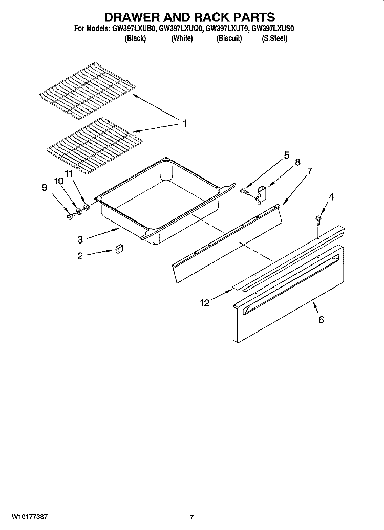 DRAWER AND RACK PARTS, OPTIONAL PARTS (NOT INCLUDED) Diagram and Parts List for GW397LXUS0  Whirlpool Range