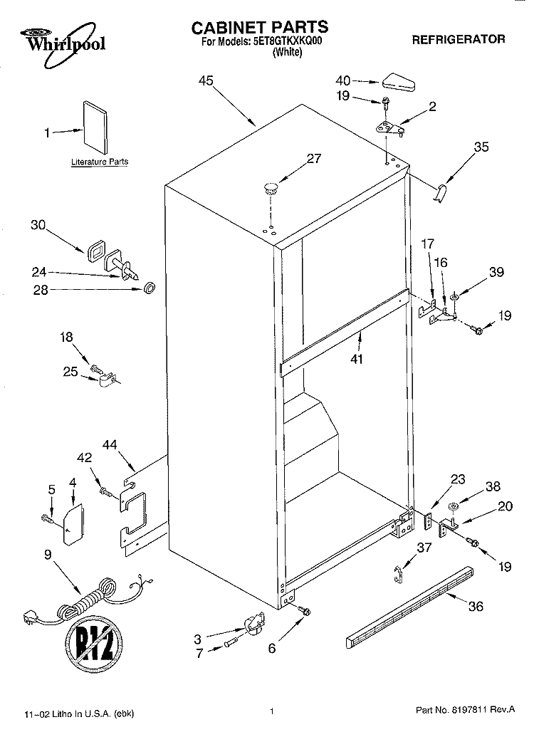 CABINET, LITERATURE Diagram and Parts List for 5ET8GTKXKQ00  Whirlpool Refrigerator