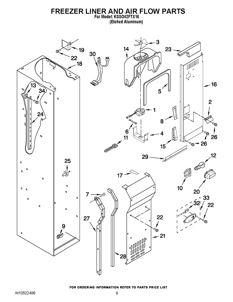 FREEZER LINER AND AIR FLOW PARTS Diagram and Parts List for KSSO42FTX16  KitchenAid Refrigerator