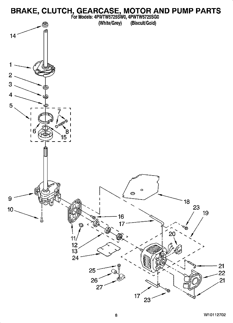 BRAKE, CLUTCH, GEARCASE, MOTOR AND PUMP PARTS Diagram and Parts List for 4PWTW5725SG0  Whirlpool Washer