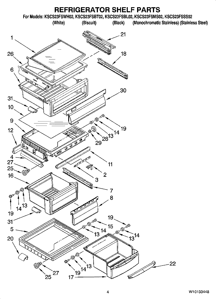 REFRIGERATOR SHELF PARTS Diagram and Parts List for KSCS23FSBL02  KitchenAid Refrigerator