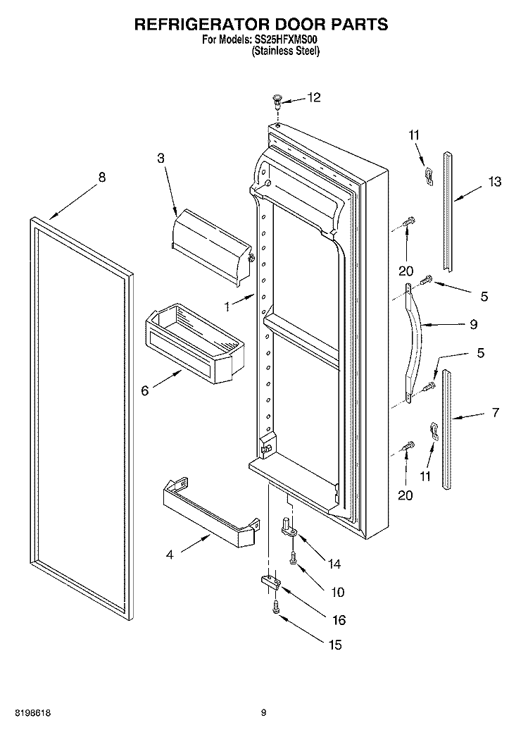REFRIGERATOR DOOR PARTS Diagram and Parts List for SS25HFXMS00  Whirlpool Refrigerator