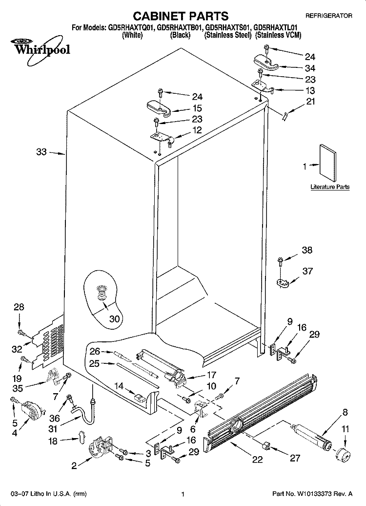CABINET PARTS Diagram and Parts List for GD5RHAXTL01  Whirlpool Refrigerator