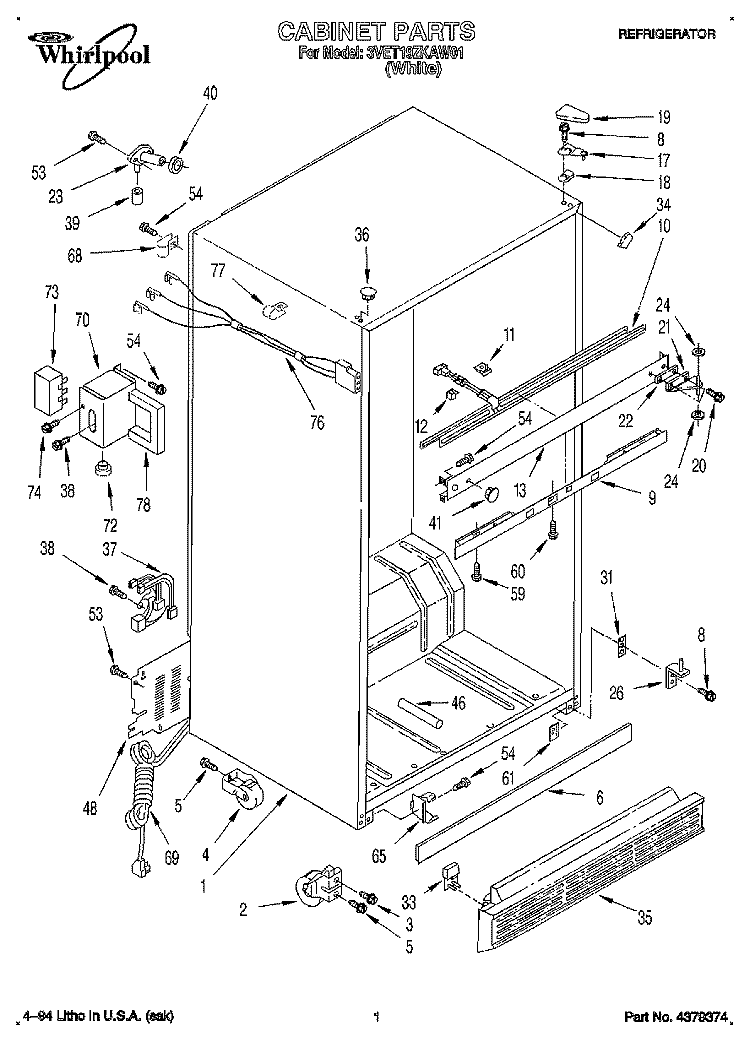 CABINET Diagram and Parts List for 3VET19ZKAW01  Whirlpool Refrigerator