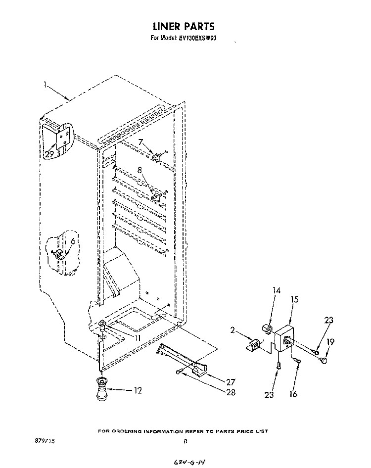 LINER Diagram and Parts List for EV130EXSW00  Whirlpool Freezer