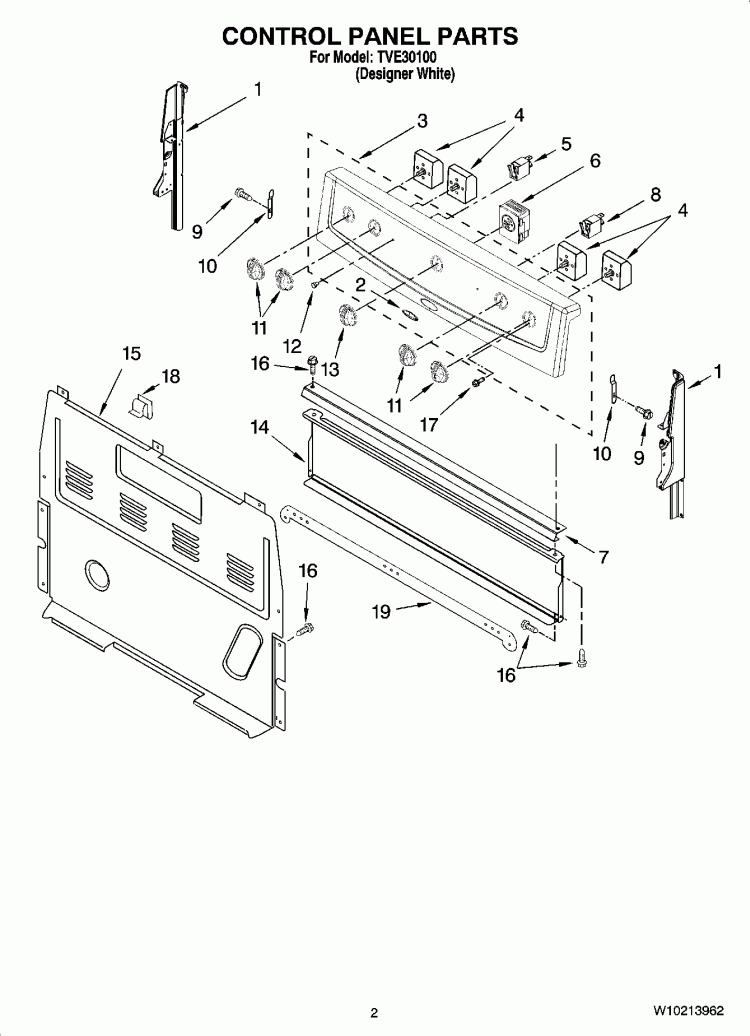 CONTROL PANEL PARTS Diagram and Parts List for TVE30100  Whirlpool Range