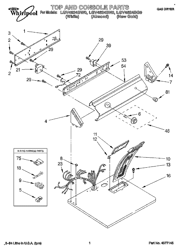 TOP AND CONSOLE, LIT/OPTIONAL Diagram and Parts List for LGV4624BG0  Whirlpool Dryer