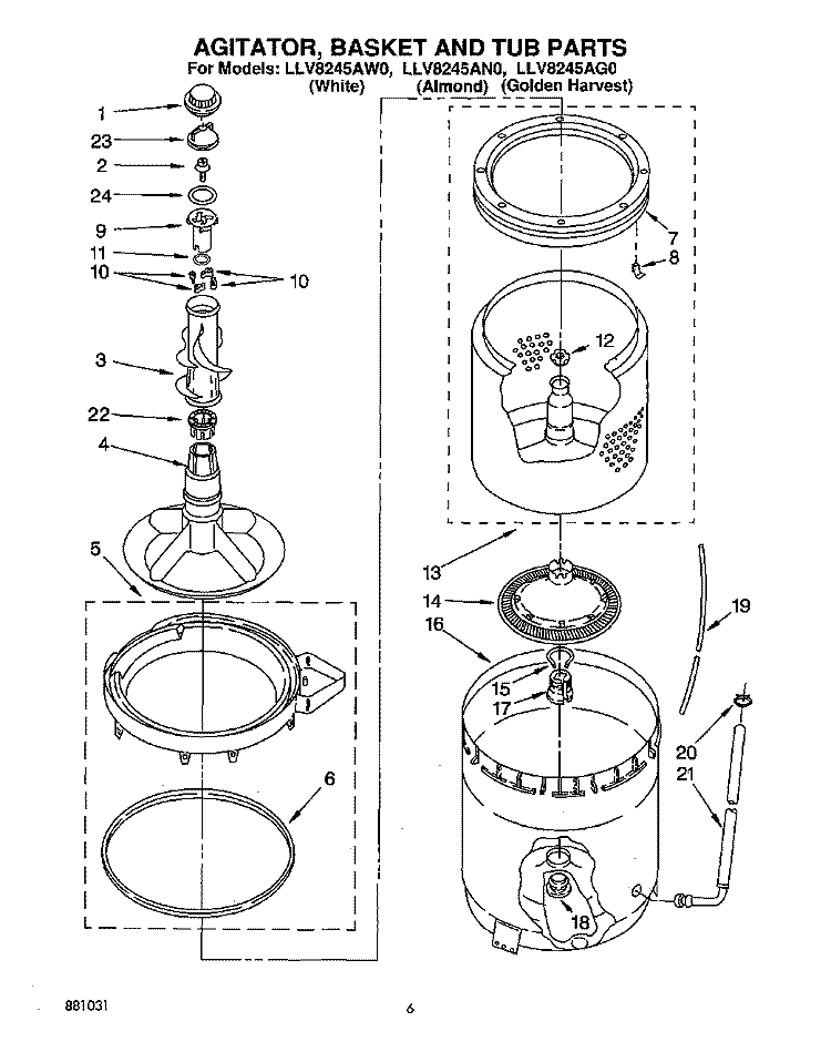 AGITATOR, BASKET AND TUB Diagram and Parts List for LLV8245AG0  Whirlpool Washer
