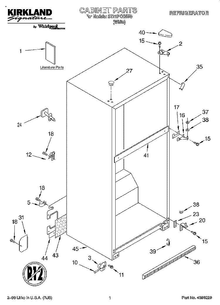 CABINET, LITERATURE Diagram and Parts List for ST21PKXHW00  Whirlpool Refrigerator