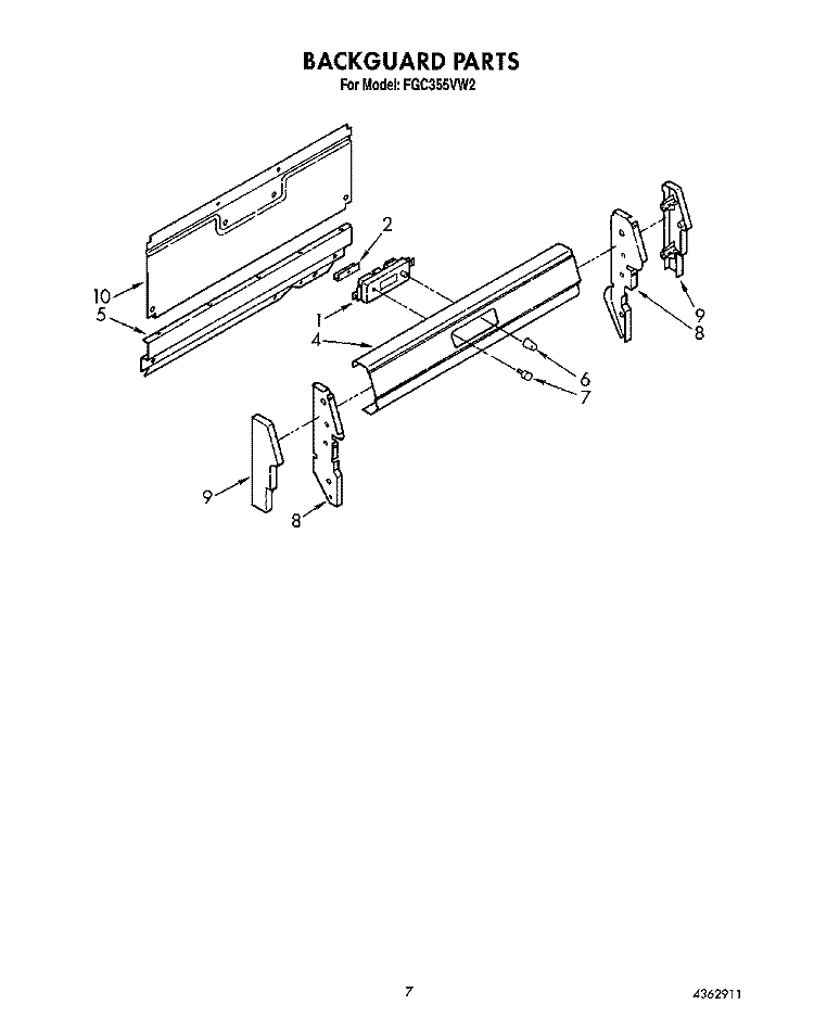 BACKGUARD Diagram and Parts List for FGC355VL2  Whirlpool Range