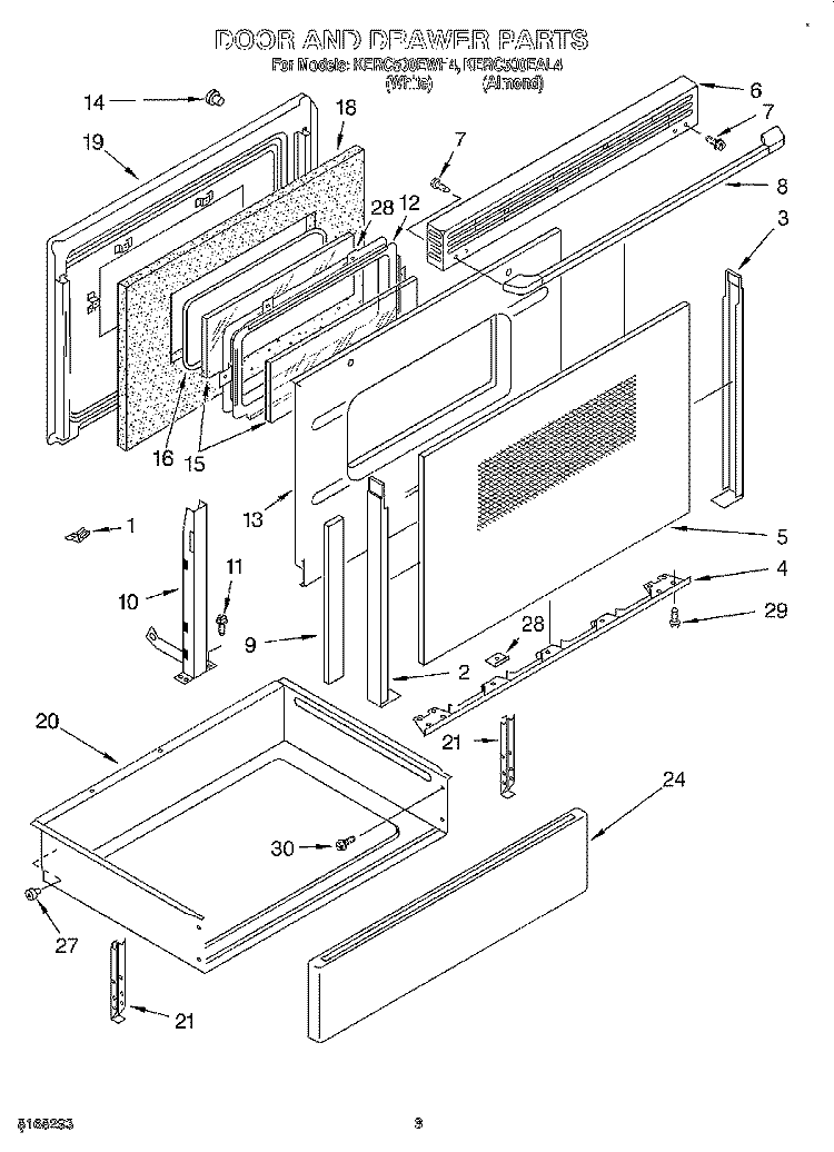 DOOR AND DRAWER Diagram and Parts List for KERC500EWH4  KitchenAid Range