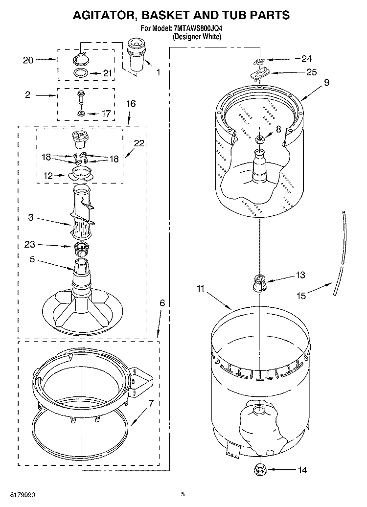 AGITATOR, BASKET AND TUB PARTS Diagram and Parts List for 7MTAWS800JQ4  Estate Washer