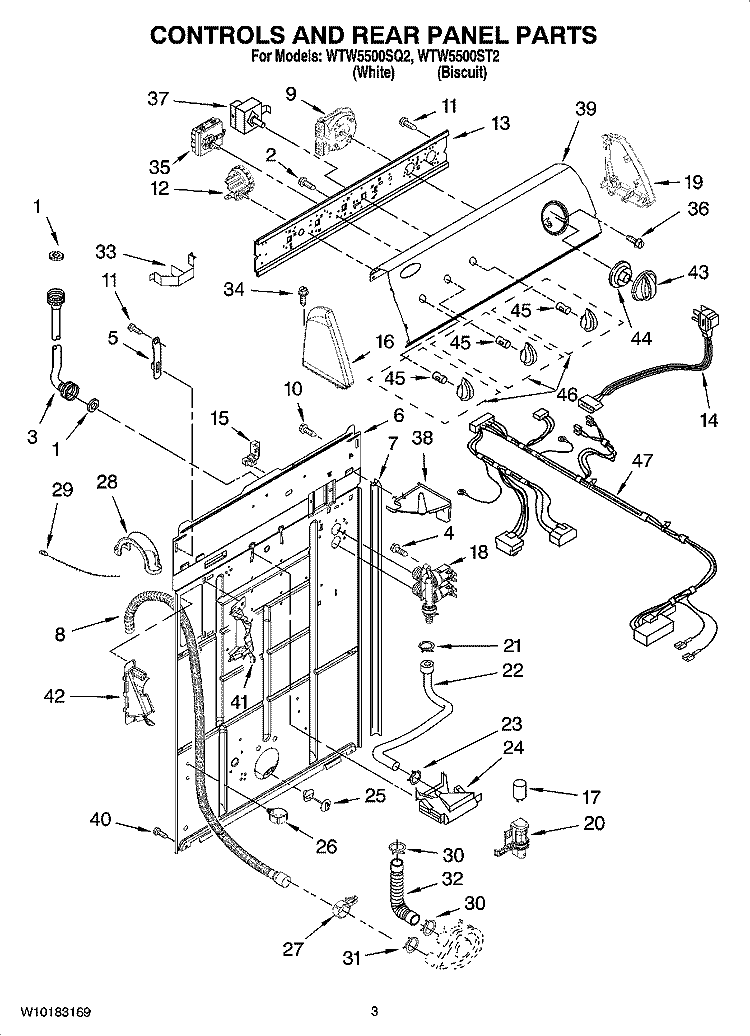 CONTROLS AND REAR PANEL PARTS Diagram and Parts List for WTW5500ST2  Whirlpool Washer