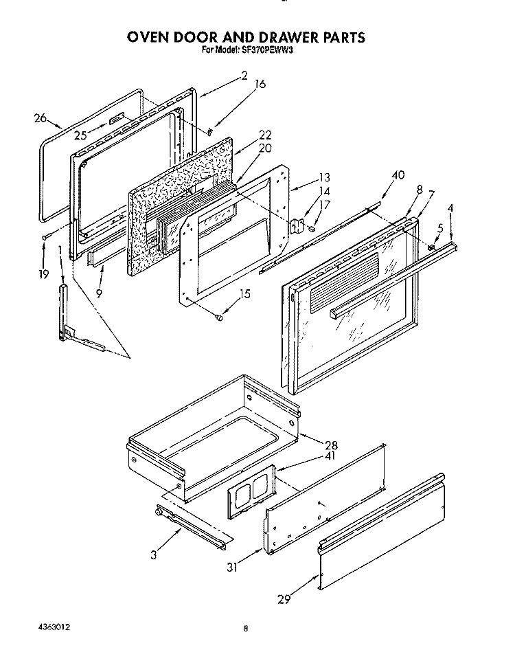 OVEN DOOR AND DRAWER Diagram and Parts List for SF370PEWW3  Whirlpool Range