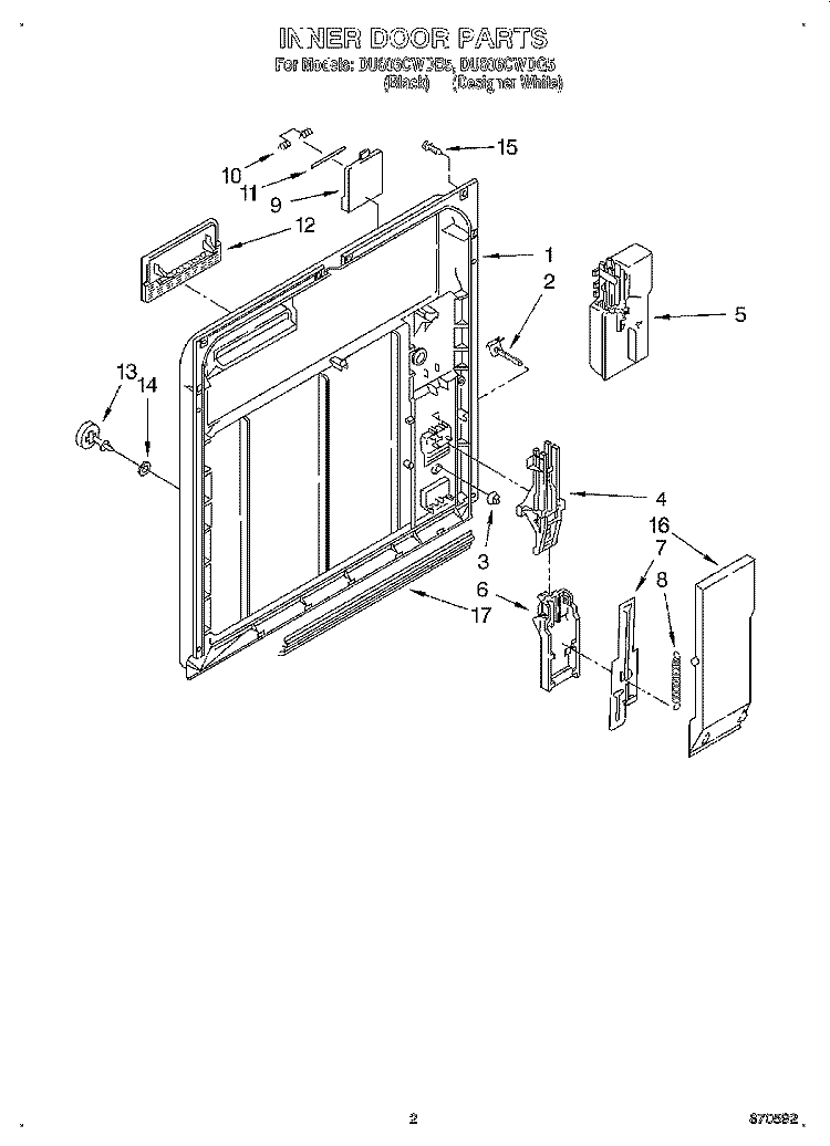 INNER DOOR Diagram and Parts List for DU806CWDB5  Whirlpool Dishwasher