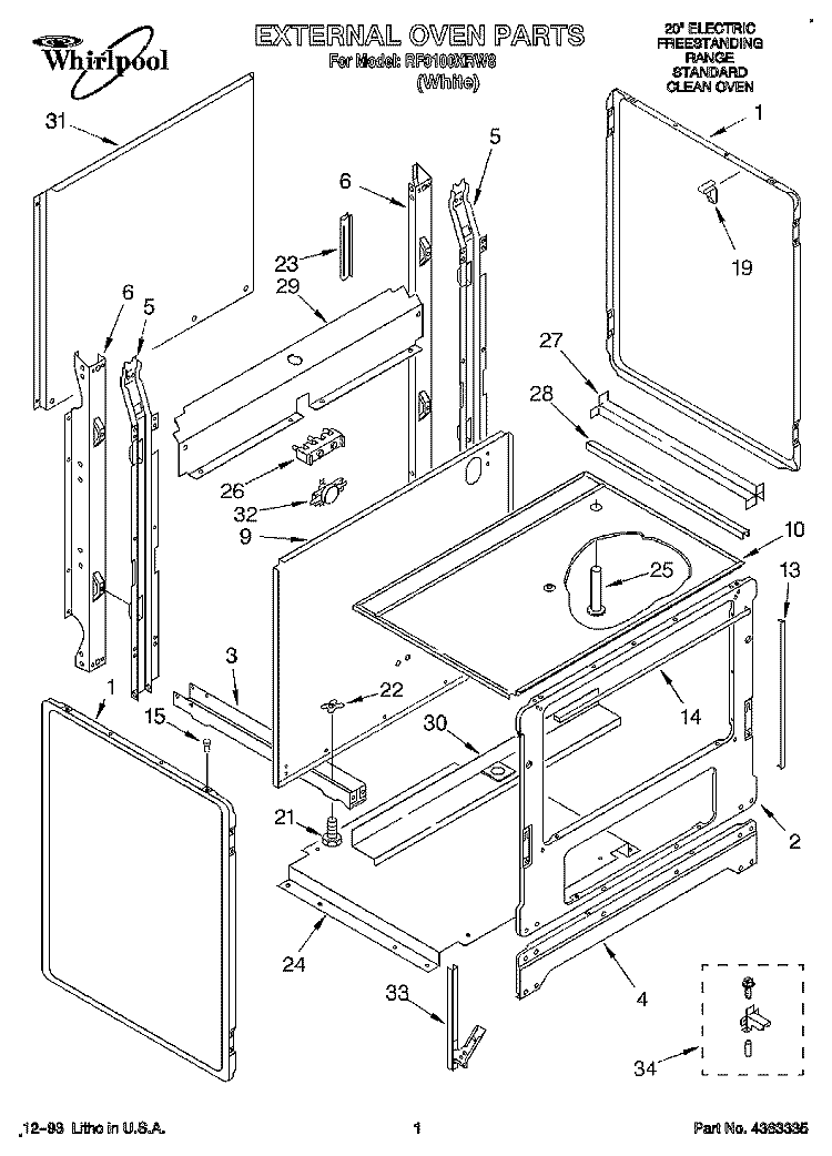 EXTERNAL OVEN, LIT/OPTIONAL Diagram and Parts List for RF0100XRW8  Whirlpool Range