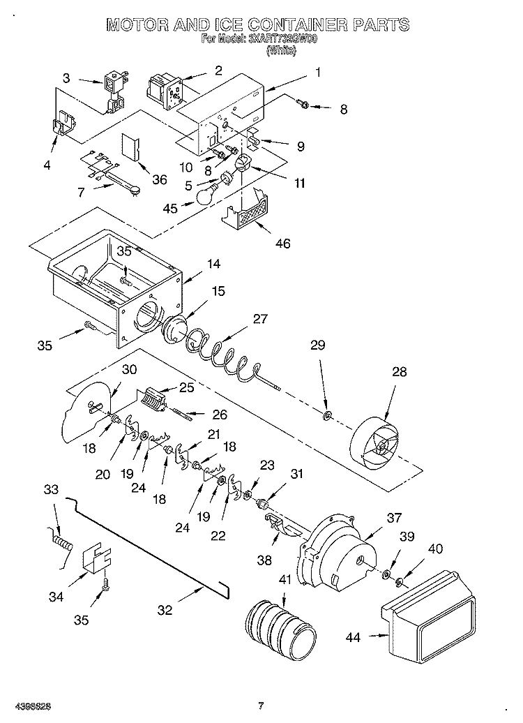 MOTOR AND ICE CONTAINER Diagram and Parts List for 3XART732GW00  Whirlpool Refrigerator