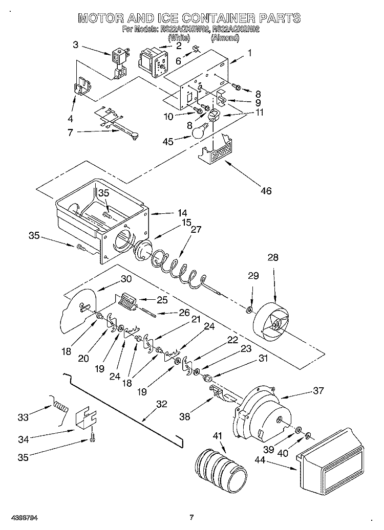 MOTOR AND ICE CONTAINER Diagram and Parts List for RS22AQXGN02  Roper Refrigerator