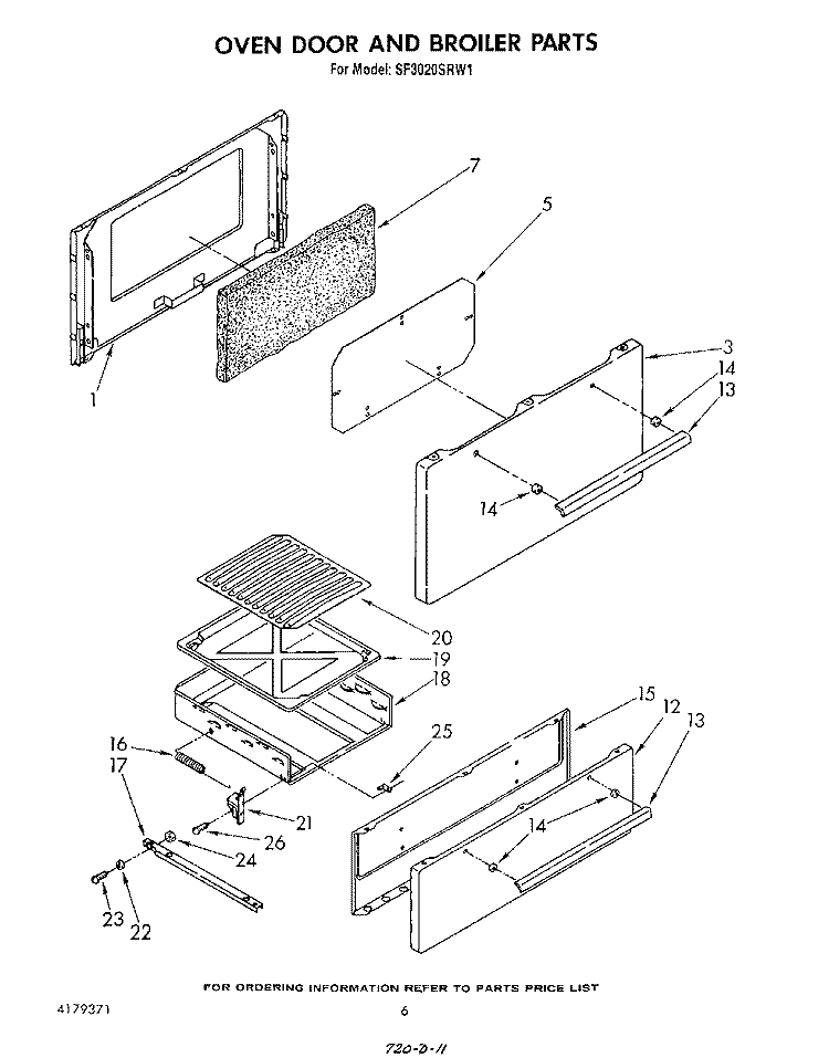 OVEN DOOR AND BROILER Diagram and Parts List for SF3020SRW1  Whirlpool Range