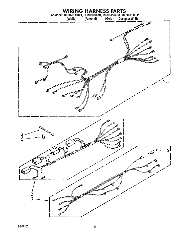 WIRING HARNESS Diagram and Parts List for RF302BXXN1  Whirlpool Range