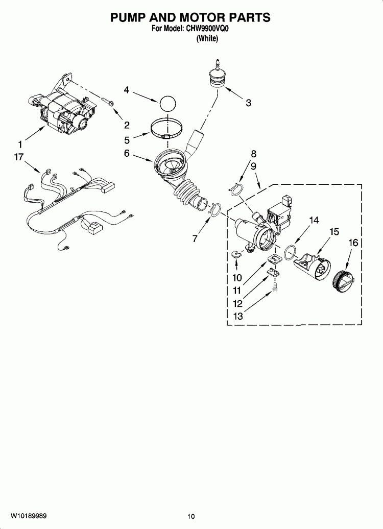 PUMP AND MOTOR PARTS, OPTIONAL PARTS (NOT INCLUDED) Diagram and Parts List for CHW9900VQ0  Whirlpool Washer