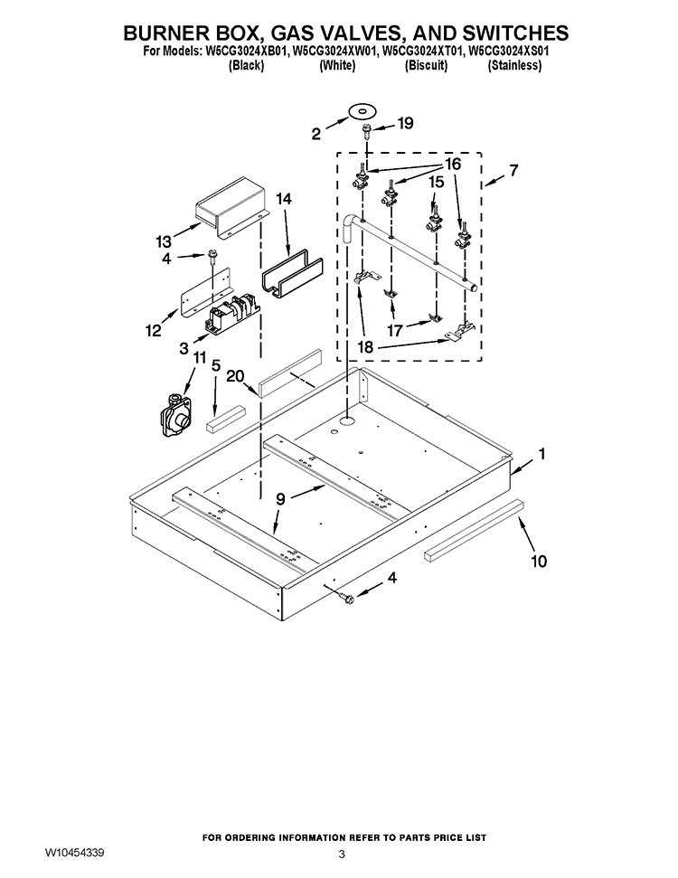 BURNER BOX, GAS VALVES, AND SWITCHES Diagram and Parts List for W5CG3024XT01  Whirlpool Cooktop