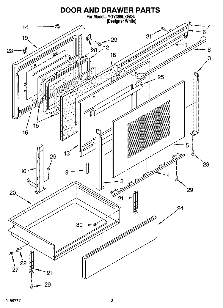DOOR AND DRAWER PARTS Diagram and Parts List for YGY395LXGQ4  Whirlpool Range