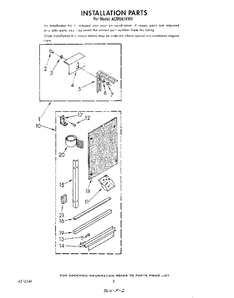INSTALLATION Diagram and Parts List for ACM062XW0  Whirlpool Air Conditioner