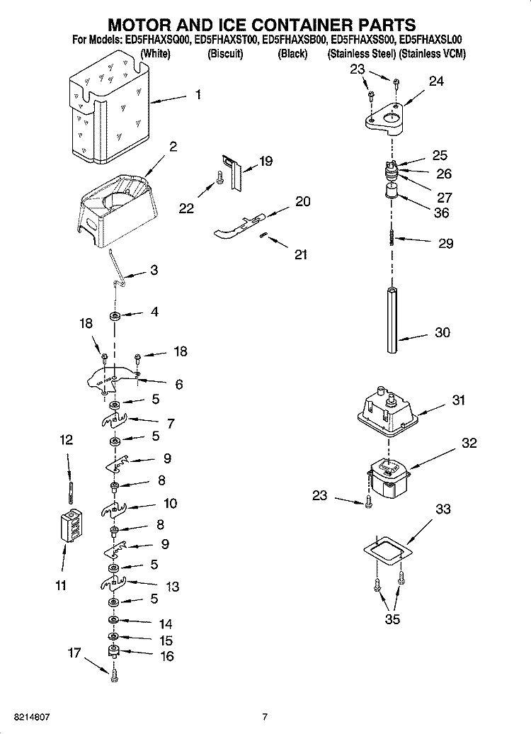 MOTOR AND ICE CONTAINER PARTS Diagram and Parts List for ED5FHAXSQ00  Whirlpool Refrigerator