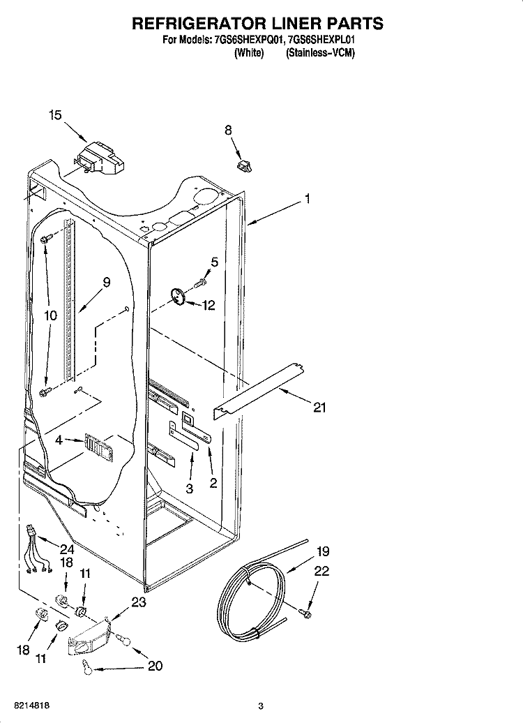 REFRIGERATOR LINER PARTS Diagram and Parts List for 7GS6SHEXPL01  Whirlpool Refrigerator