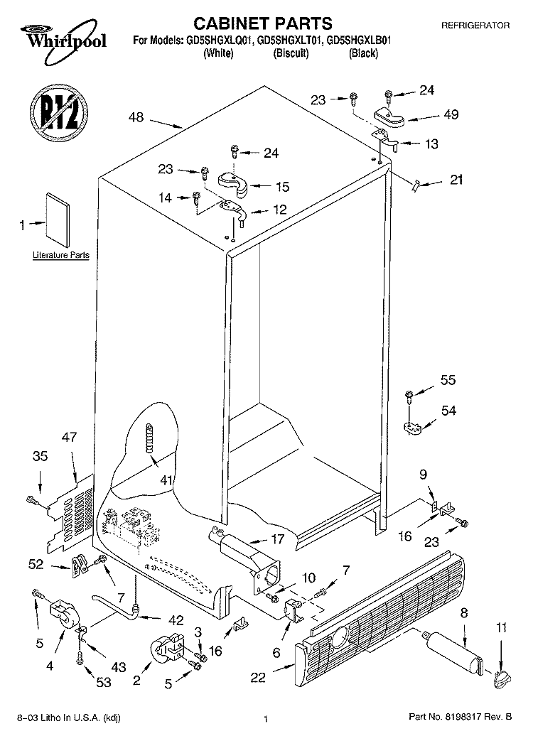 CABINET PARTS Diagram and Parts List for GD5SHGXLT01  Whirlpool Refrigerator