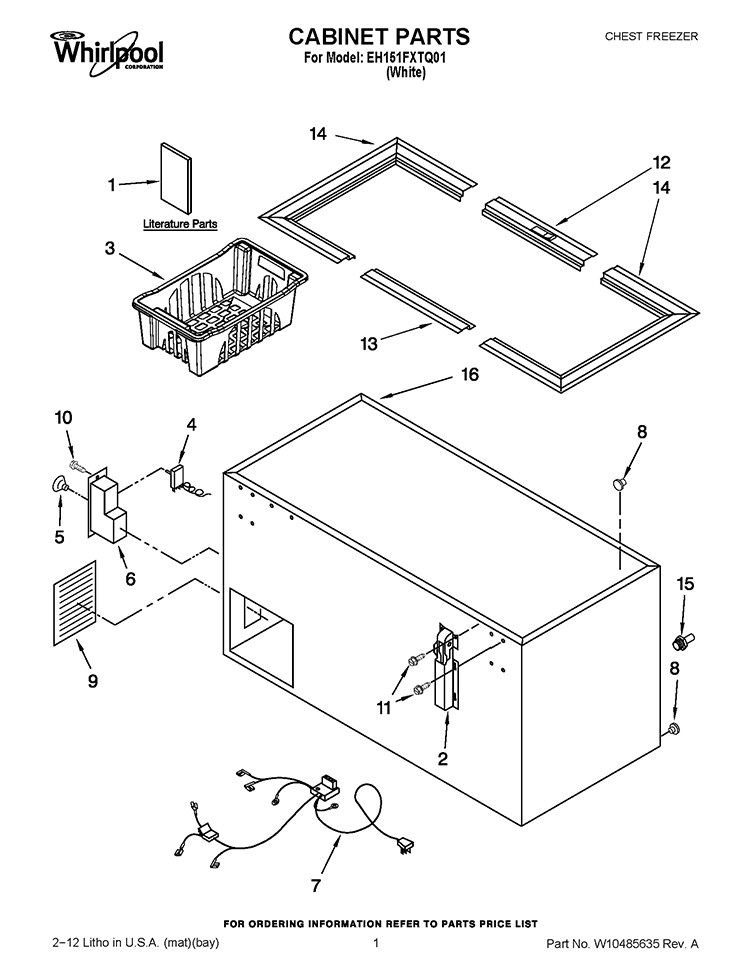 CABINET PARTS Diagram and Parts List for EH151FXTQ01  Whirlpool Freezer