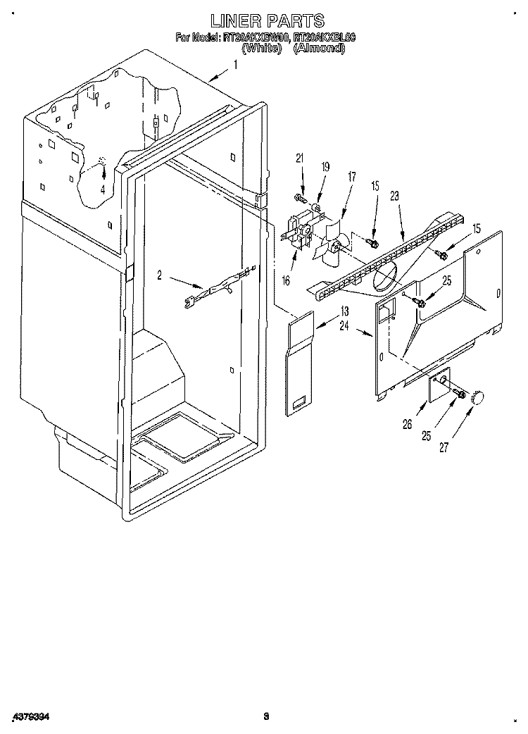LINER Diagram and Parts List for RT20AKXBW00  Roper Refrigerator