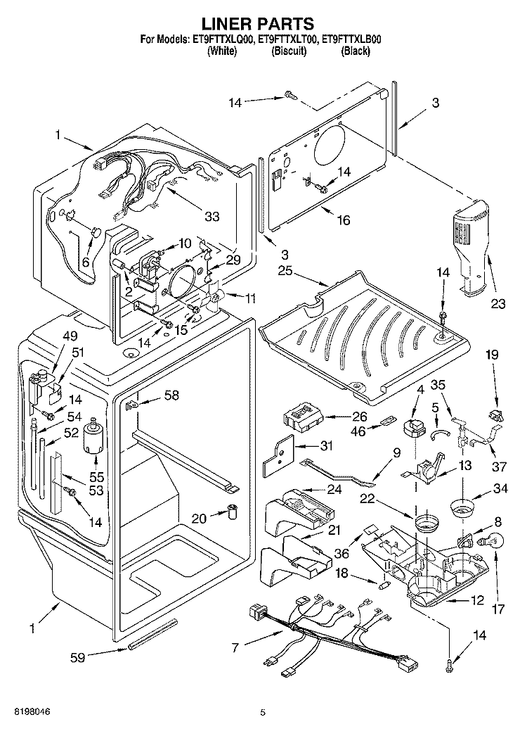 LINER Diagram and Parts List for ET9FTTXLB00  Whirlpool Refrigerator