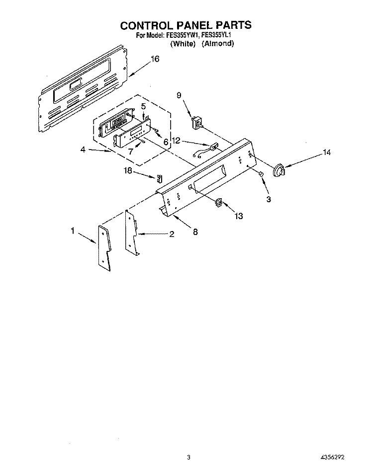 CONTROL PANEL Diagram and Parts List for FES355YW1  Roper Range