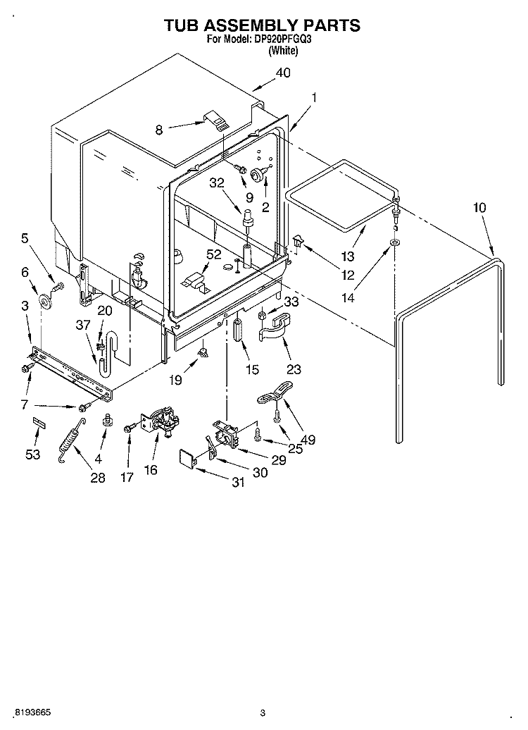TUB ASSEMBLY Diagram and Parts List for DP920PFGQ3  Whirlpool Dishwasher