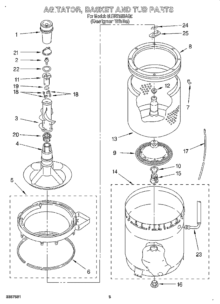 AGITATOR, BASKET AND TUB Diagram and Parts List for 6LBR7255AN0  Whirlpool Washer