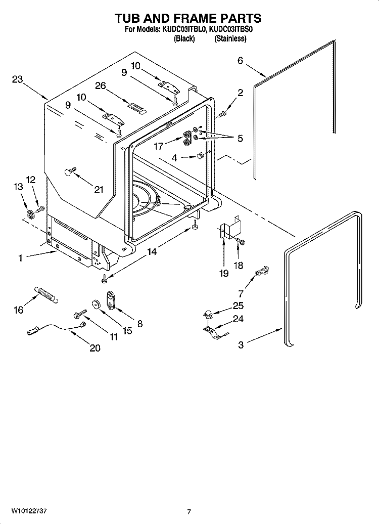 TUB AND FRAME PARTS Diagram and Parts List for KUDC03ITBS0  KitchenAid Dishwasher