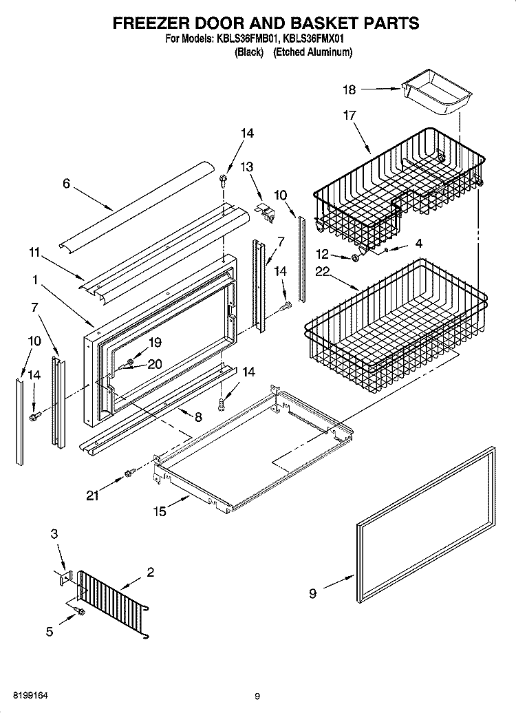 FREEZER DOOR AND BASKET PARTS Diagram and Parts List for KBLS36FMB01  KitchenAid Refrigerator