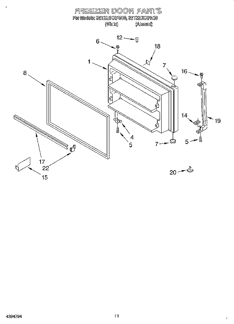 FREEZER DOOR, LIT/OPTIONAL Diagram and Parts List for 3ET22DKXFW00  Whirlpool Refrigerator