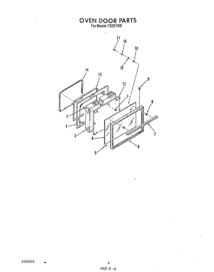 OVEN DOOR Diagram and Parts List for F9257W0  Roper Range
