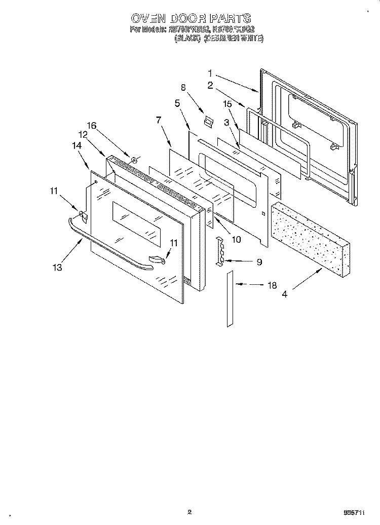 OVEN DOOR Diagram and Parts List for RB760PXBQ2  Whirlpool Wall Oven