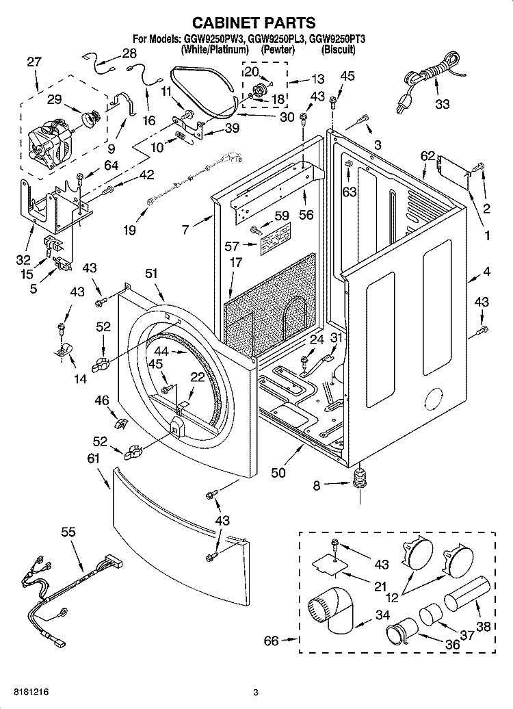 CABINET PARTS Diagram and Parts List for GGW9250PL3  Whirlpool Dryer
